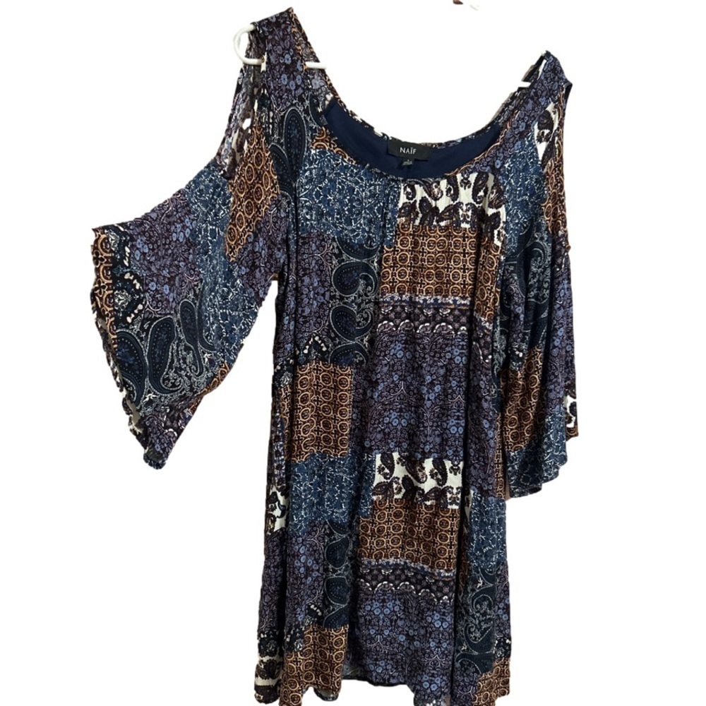 Naif Patchwork Paisley Open Shoulder Bell Sleeve Boho Dress Size Large